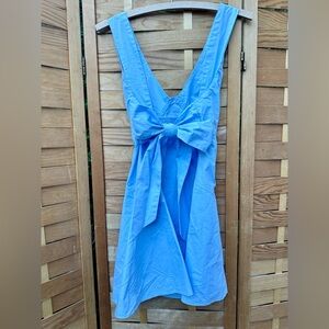 Elodie Light Sky Blue V-Neck Open Back Mini Dress Shirred Bow Tie S